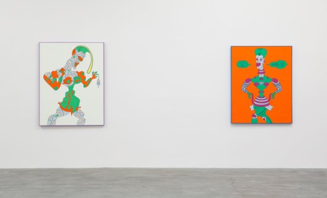 An installation view of Karl Wirsum_s colorful toy-robot-figures at the Matthew Marks space. Credit Sean Logue