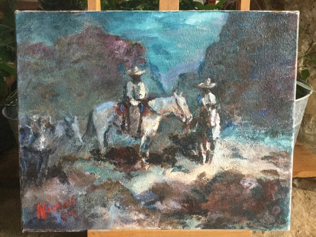 HJN. Oil on canvas. Horsemen at night