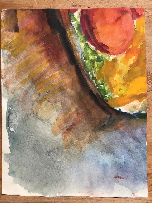 HJN0008W Avocado Pit. Watercolor, 7 x 9 in. Side 1.